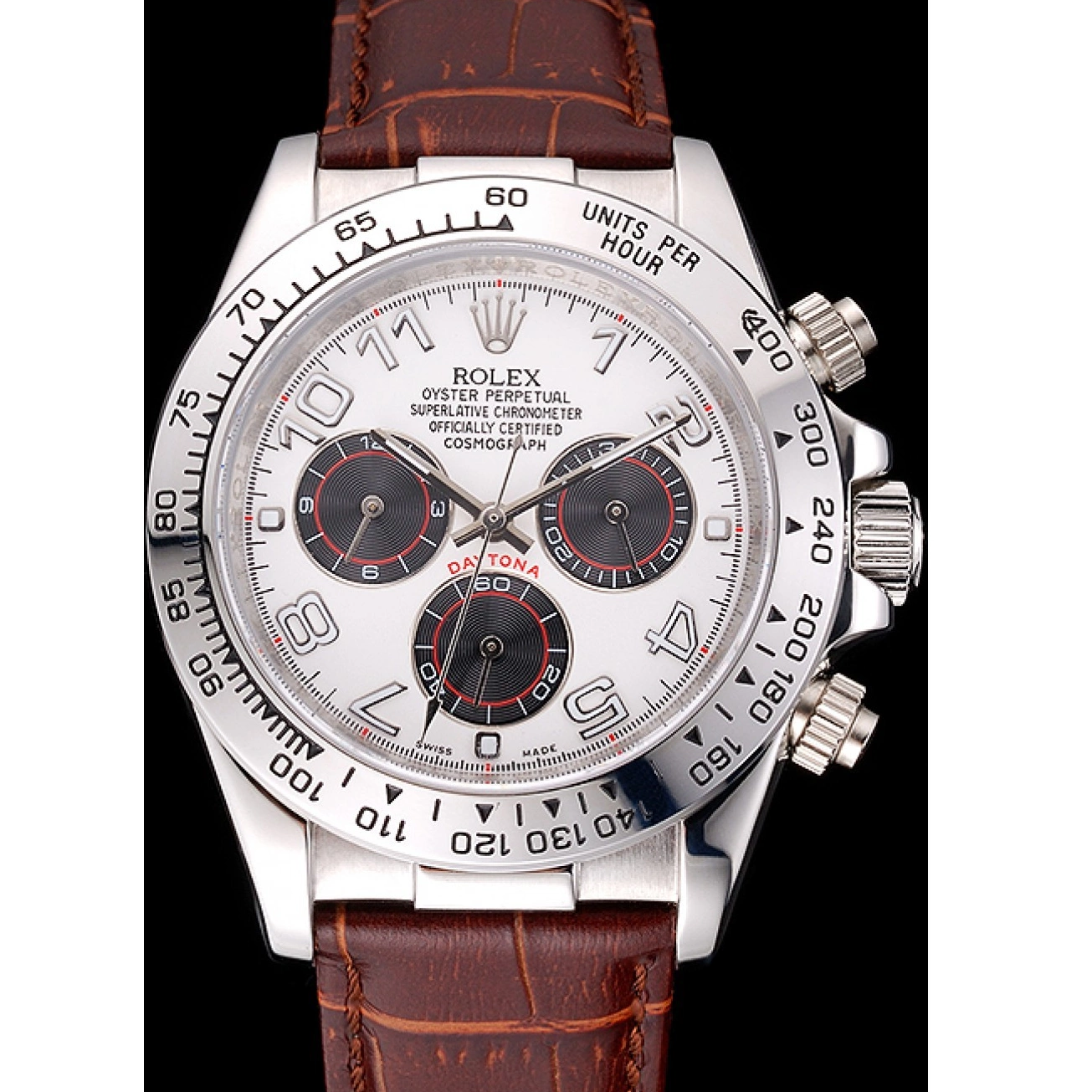 Aaa fake watches Stainless Steel Daytona Brown Dial Leather Rolex Case White Strap 0520